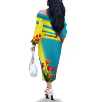 Kazakhstan National Flag Family Matching Off The Shoulder Long Sleeve Dress and Hawaiian Shirt with Red Tulip Bloom and Blue Yellow Ethnic Motif
