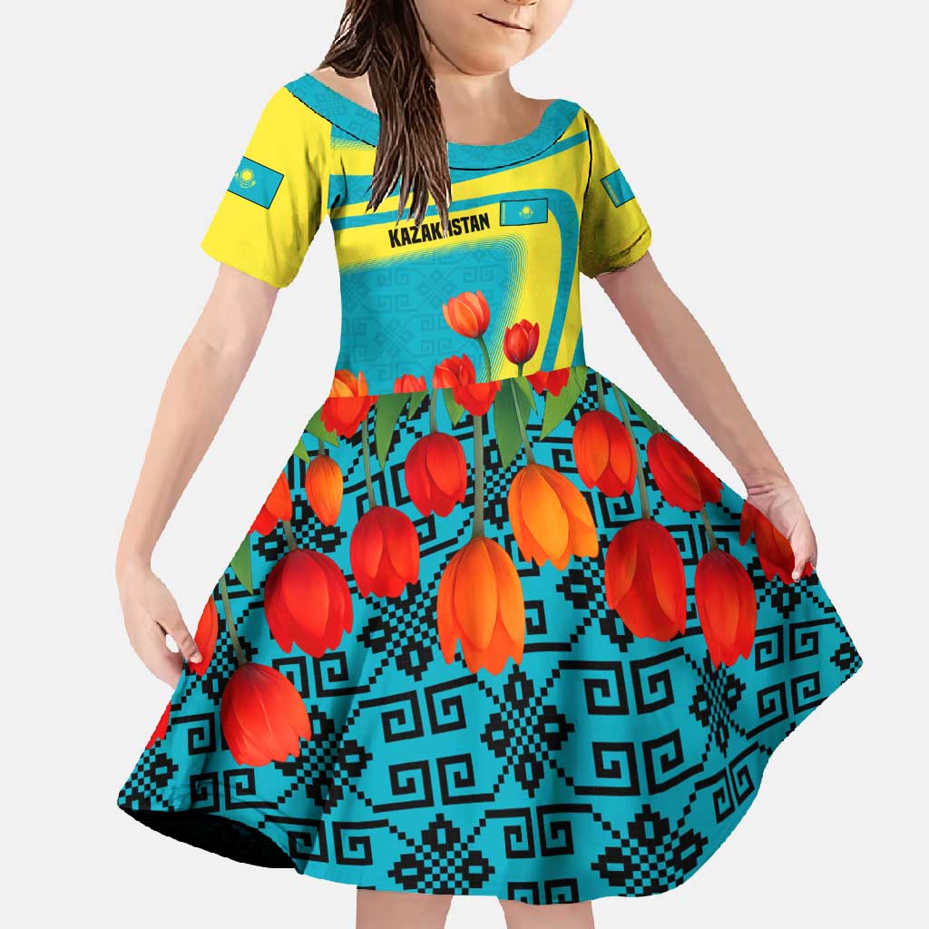Kazakhstan National Flag Family Matching Off Shoulder Maxi Dress and Hawaiian Shirt with Red Tulip Bloom and Blue Yellow Ethnic Motif