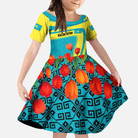 Kazakhstan National Flag Family Matching Off Shoulder Maxi Dress and Hawaiian Shirt with Red Tulip Bloom and Blue Yellow Ethnic Motif