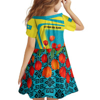 Kazakhstan National Flag Family Matching Off Shoulder Maxi Dress and Hawaiian Shirt with Red Tulip Bloom and Blue Yellow Ethnic Motif