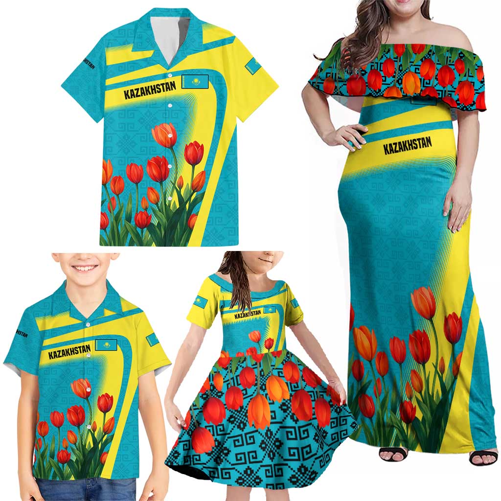 Kazakhstan National Flag Family Matching Off Shoulder Maxi Dress and Hawaiian Shirt with Red Tulip Bloom and Blue Yellow Ethnic Motif