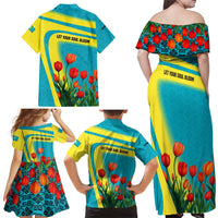 Kazakhstan National Flag Family Matching Off Shoulder Maxi Dress and Hawaiian Shirt with Red Tulip Bloom and Blue Yellow Ethnic Motif