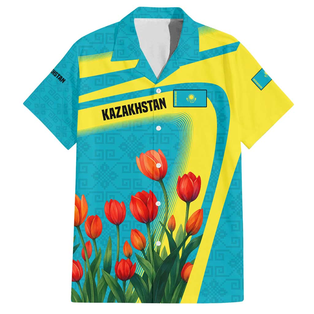 Kazakhstan National Flag Family Matching Off Shoulder Maxi Dress and Hawaiian Shirt with Red Tulip Bloom and Blue Yellow Ethnic Motif