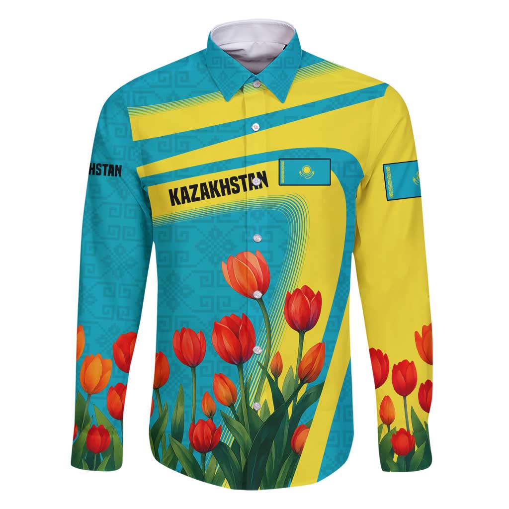 Kazakhstan National Flag Family Matching Off Shoulder Maxi Dress and Hawaiian Shirt with Red Tulip Bloom and Blue Yellow Ethnic Motif