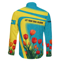 Kazakhstan National Flag Family Matching Off Shoulder Maxi Dress and Hawaiian Shirt with Red Tulip Bloom and Blue Yellow Ethnic Motif