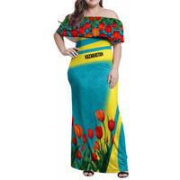 Kazakhstan National Flag Family Matching Off Shoulder Maxi Dress and Hawaiian Shirt with Red Tulip Bloom and Blue Yellow Ethnic Motif