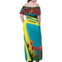 Kazakhstan National Flag Family Matching Off Shoulder Maxi Dress and Hawaiian Shirt with Red Tulip Bloom and Blue Yellow Ethnic Motif