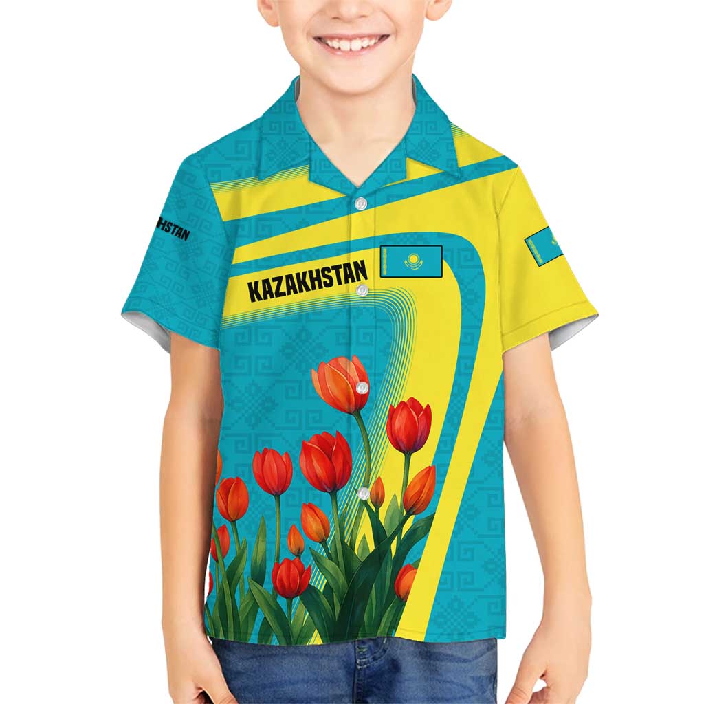Kazakhstan National Flag Family Matching Off Shoulder Maxi Dress and Hawaiian Shirt with Red Tulip Bloom and Blue Yellow Ethnic Motif