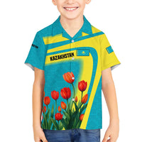 Kazakhstan National Flag Family Matching Off Shoulder Maxi Dress and Hawaiian Shirt with Red Tulip Bloom and Blue Yellow Ethnic Motif