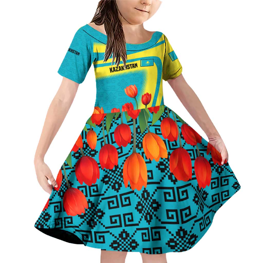 Kazakhstan National Flag Family Matching Off Shoulder Short Dress and Hawaiian Shirt with Red Tulip Bloom and Blue Yellow Ethnic Motif