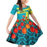 Kazakhstan National Flag Family Matching Off Shoulder Short Dress and Hawaiian Shirt with Red Tulip Bloom and Blue Yellow Ethnic Motif