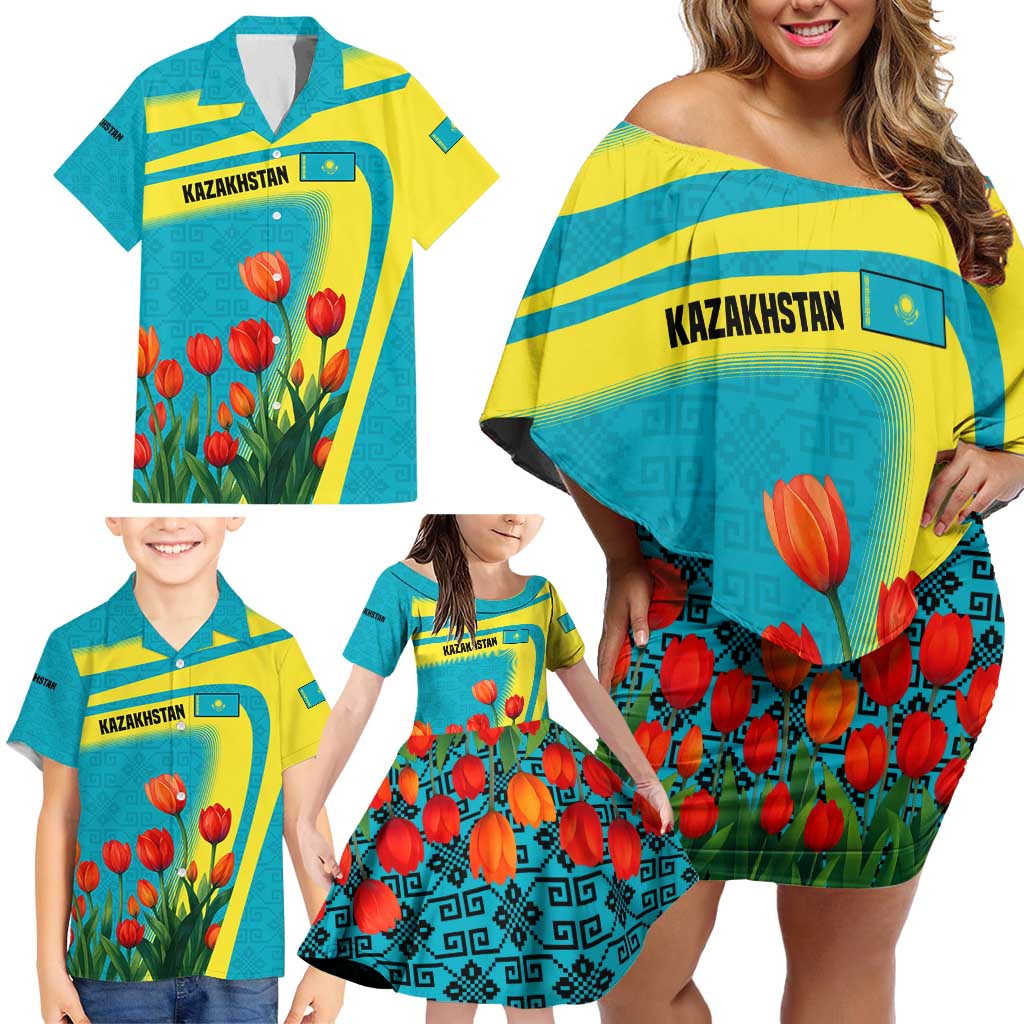 Kazakhstan National Flag Family Matching Off Shoulder Short Dress and Hawaiian Shirt with Red Tulip Bloom and Blue Yellow Ethnic Motif