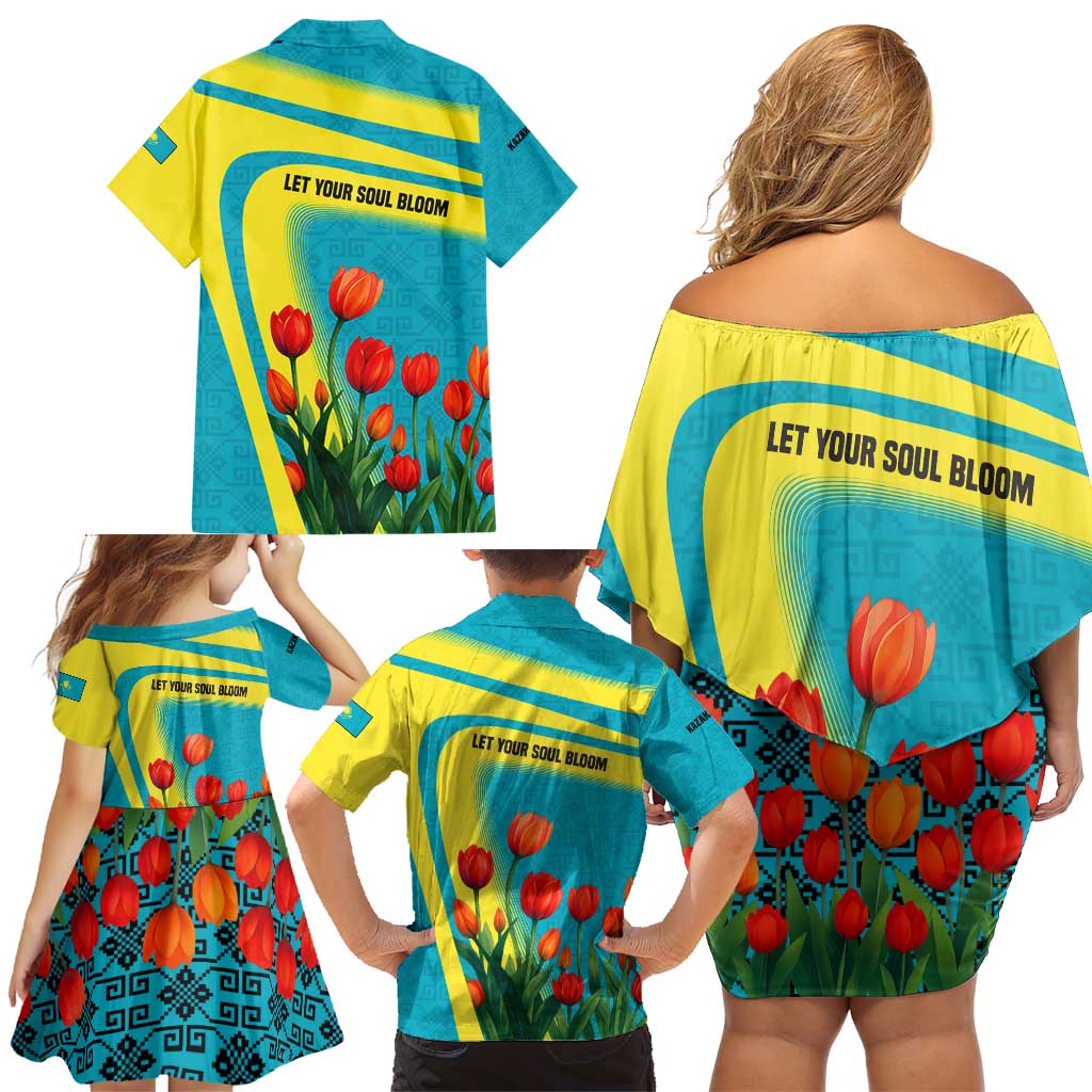 Kazakhstan National Flag Family Matching Off Shoulder Short Dress and Hawaiian Shirt with Red Tulip Bloom and Blue Yellow Ethnic Motif