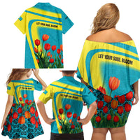 Kazakhstan National Flag Family Matching Off Shoulder Short Dress and Hawaiian Shirt with Red Tulip Bloom and Blue Yellow Ethnic Motif