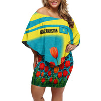 Kazakhstan National Flag Family Matching Off Shoulder Short Dress and Hawaiian Shirt with Red Tulip Bloom and Blue Yellow Ethnic Motif