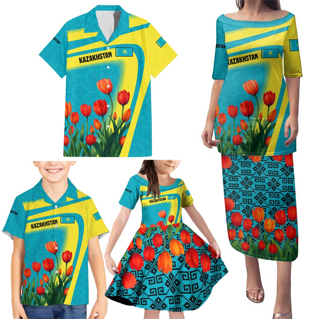 Kazakhstan National Flag Family Matching Puletasi and Hawaiian Shirt with Red Tulip Bloom and Blue Yellow Ethnic Motif