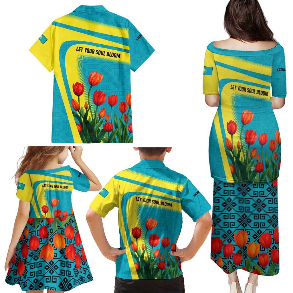 Kazakhstan National Flag Family Matching Puletasi and Hawaiian Shirt with Red Tulip Bloom and Blue Yellow Ethnic Motif