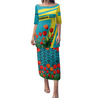 Kazakhstan National Flag Family Matching Puletasi and Hawaiian Shirt with Red Tulip Bloom and Blue Yellow Ethnic Motif