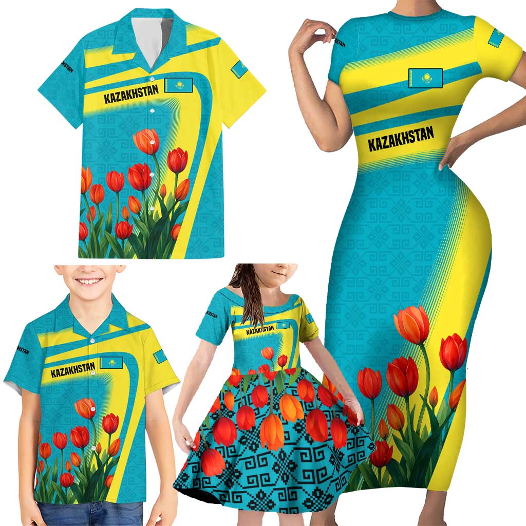 Kazakhstan National Flag Family Matching Short Sleeve Bodycon Dress and Hawaiian Shirt with Red Tulip Bloom and Blue Yellow Ethnic Motif