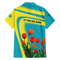 Kazakhstan National Flag Family Matching Short Sleeve Bodycon Dress and Hawaiian Shirt with Red Tulip Bloom and Blue Yellow Ethnic Motif