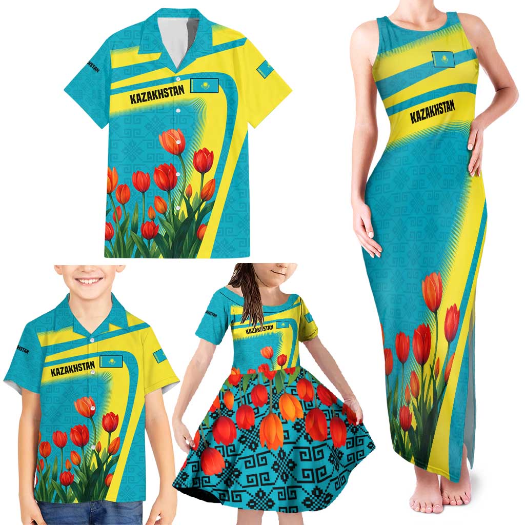 Kazakhstan National Flag Family Matching Tank Maxi Dress and Hawaiian Shirt with Red Tulip Bloom and Blue Yellow Ethnic Motif