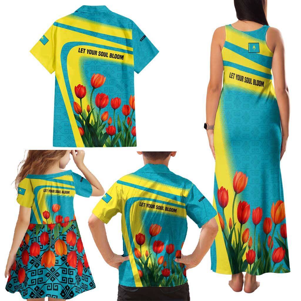 Kazakhstan National Flag Family Matching Tank Maxi Dress and Hawaiian Shirt with Red Tulip Bloom and Blue Yellow Ethnic Motif