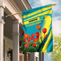 Kazakhstan National Flag Garden Flag with Red Tulip Bloom and Blue Yellow Ethnic Motif