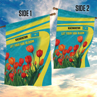 Kazakhstan National Flag Garden Flag with Red Tulip Bloom and Blue Yellow Ethnic Motif