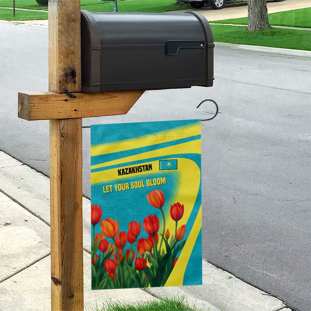 Kazakhstan National Flag Garden Flag with Red Tulip Bloom and Blue Yellow Ethnic Motif