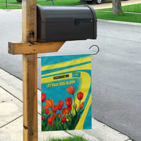 Kazakhstan National Flag Garden Flag with Red Tulip Bloom and Blue Yellow Ethnic Motif