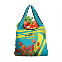 Kazakhstan National Flag Grocery Bag with Red Tulip Bloom and Blue Yellow Ethnic Motif