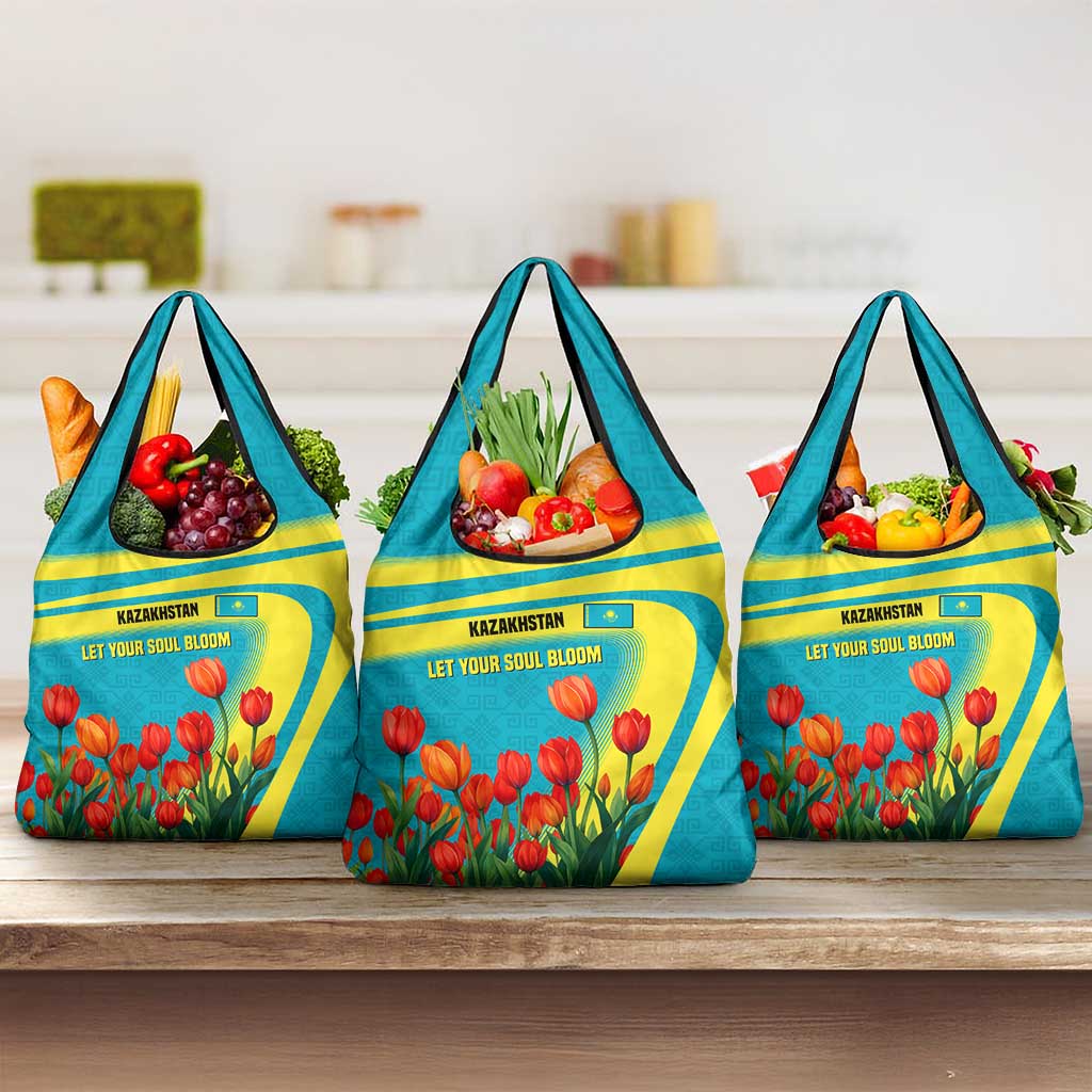 Kazakhstan National Flag Grocery Bag with Red Tulip Bloom and Blue Yellow Ethnic Motif