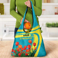 Kazakhstan National Flag Grocery Bag with Red Tulip Bloom and Blue Yellow Ethnic Motif