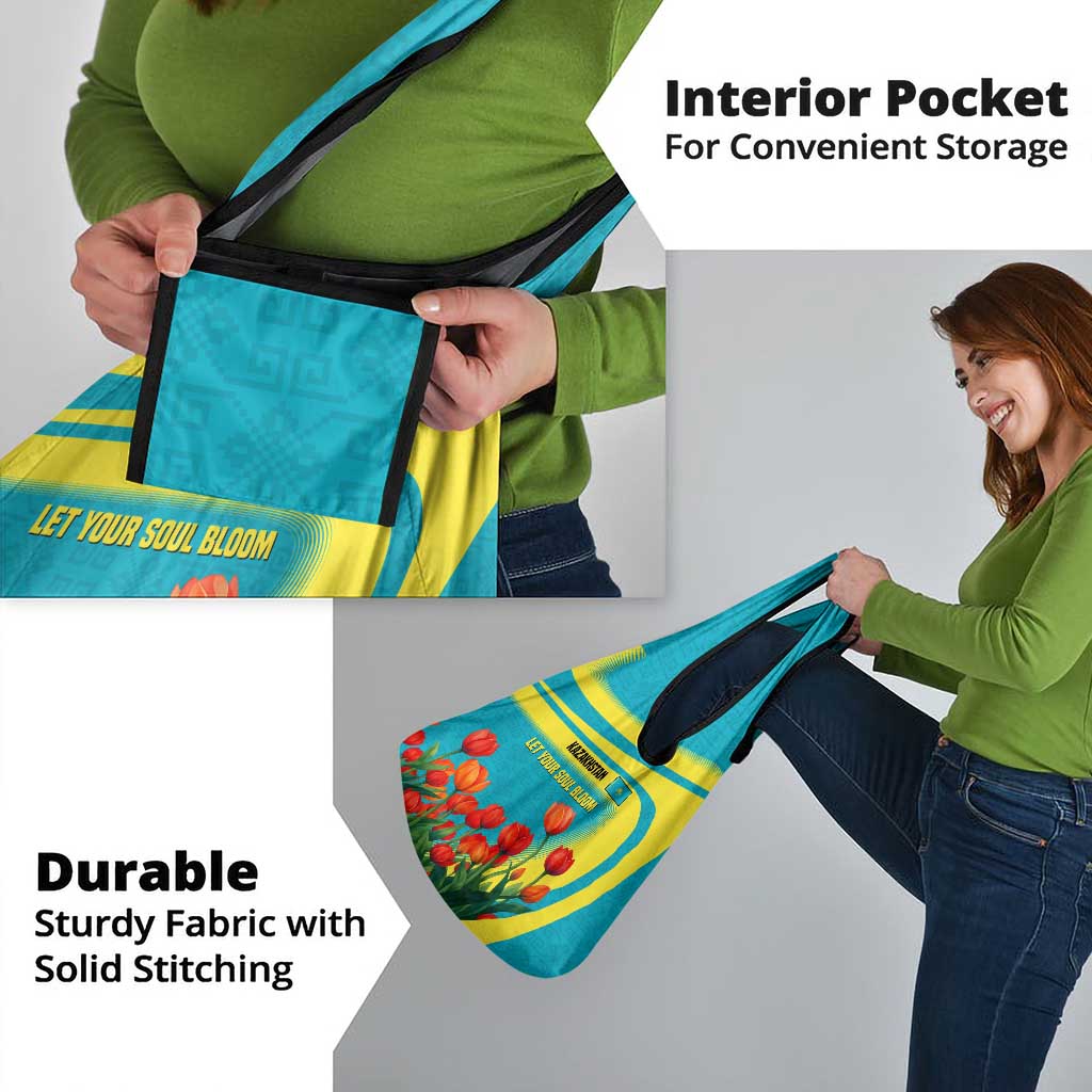 Kazakhstan National Flag Grocery Bag with Red Tulip Bloom and Blue Yellow Ethnic Motif