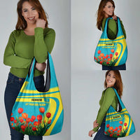 Kazakhstan National Flag Grocery Bag with Red Tulip Bloom and Blue Yellow Ethnic Motif