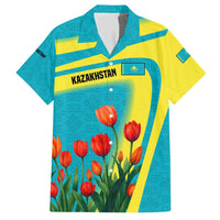Kazakhstan National Flag Hawaiian Shirt with Red Tulip Bloom and Blue Yellow Ethnic Motif