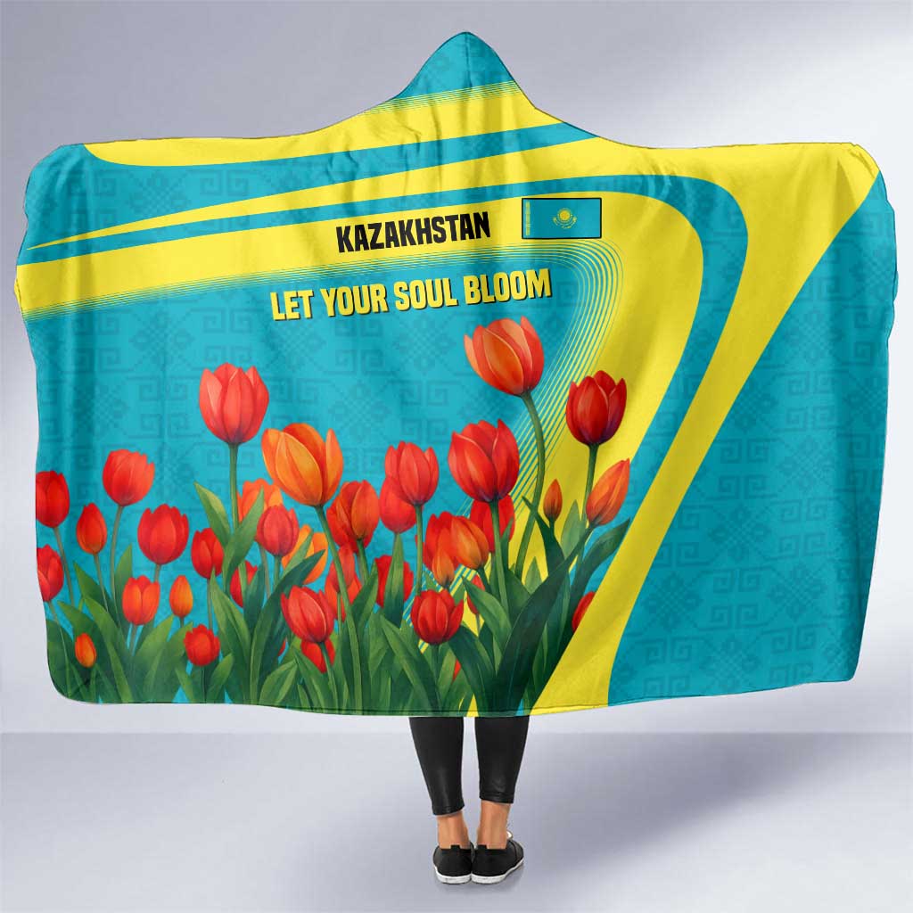 Kazakhstan National Flag Hooded Blanket with Red Tulip Bloom and Blue Yellow Ethnic Motif