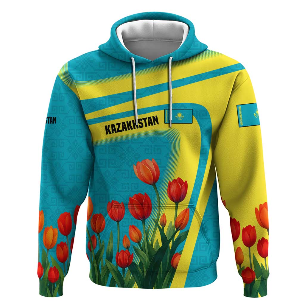 Kazakhstan National Flag Hoodie with Red Tulip Bloom and Blue Yellow Ethnic Motif