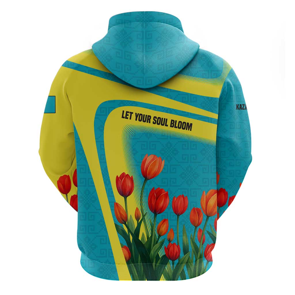 Kazakhstan National Flag Hoodie with Red Tulip Bloom and Blue Yellow Ethnic Motif