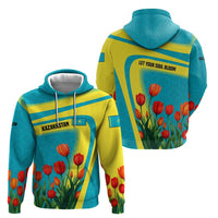 Kazakhstan National Flag Hoodie with Red Tulip Bloom and Blue Yellow Ethnic Motif
