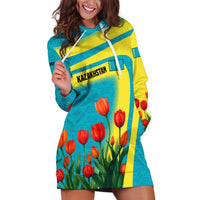 Kazakhstan National Flag Hoodie Dress with Red Tulip Bloom and Blue Yellow Ethnic Motif