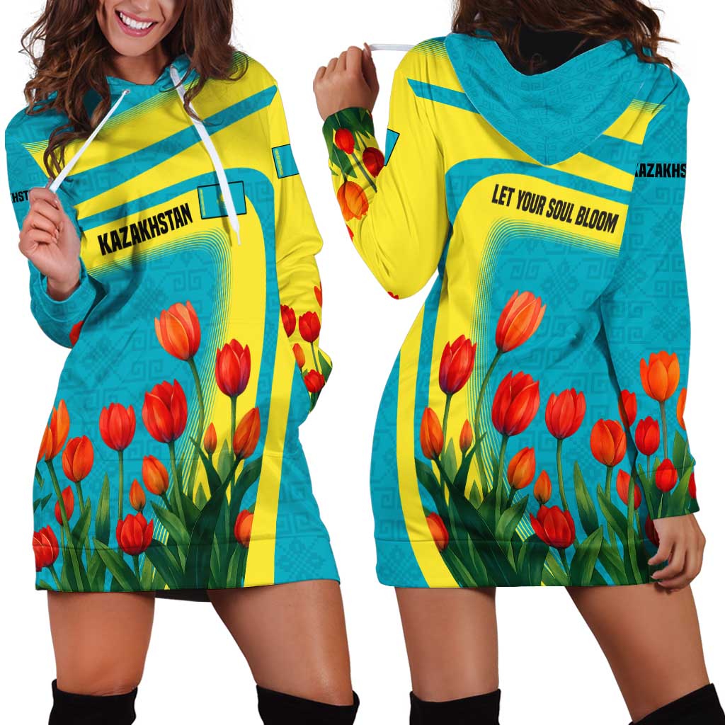 Kazakhstan National Flag Hoodie Dress with Red Tulip Bloom and Blue Yellow Ethnic Motif