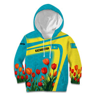 Kazakhstan National Flag Kid Hoodie with Red Tulip Bloom and Blue Yellow Ethnic Motif
