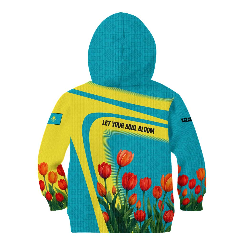 Kazakhstan National Flag Kid Hoodie with Red Tulip Bloom and Blue Yellow Ethnic Motif
