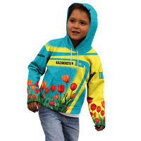 Kazakhstan National Flag Kid Hoodie with Red Tulip Bloom and Blue Yellow Ethnic Motif