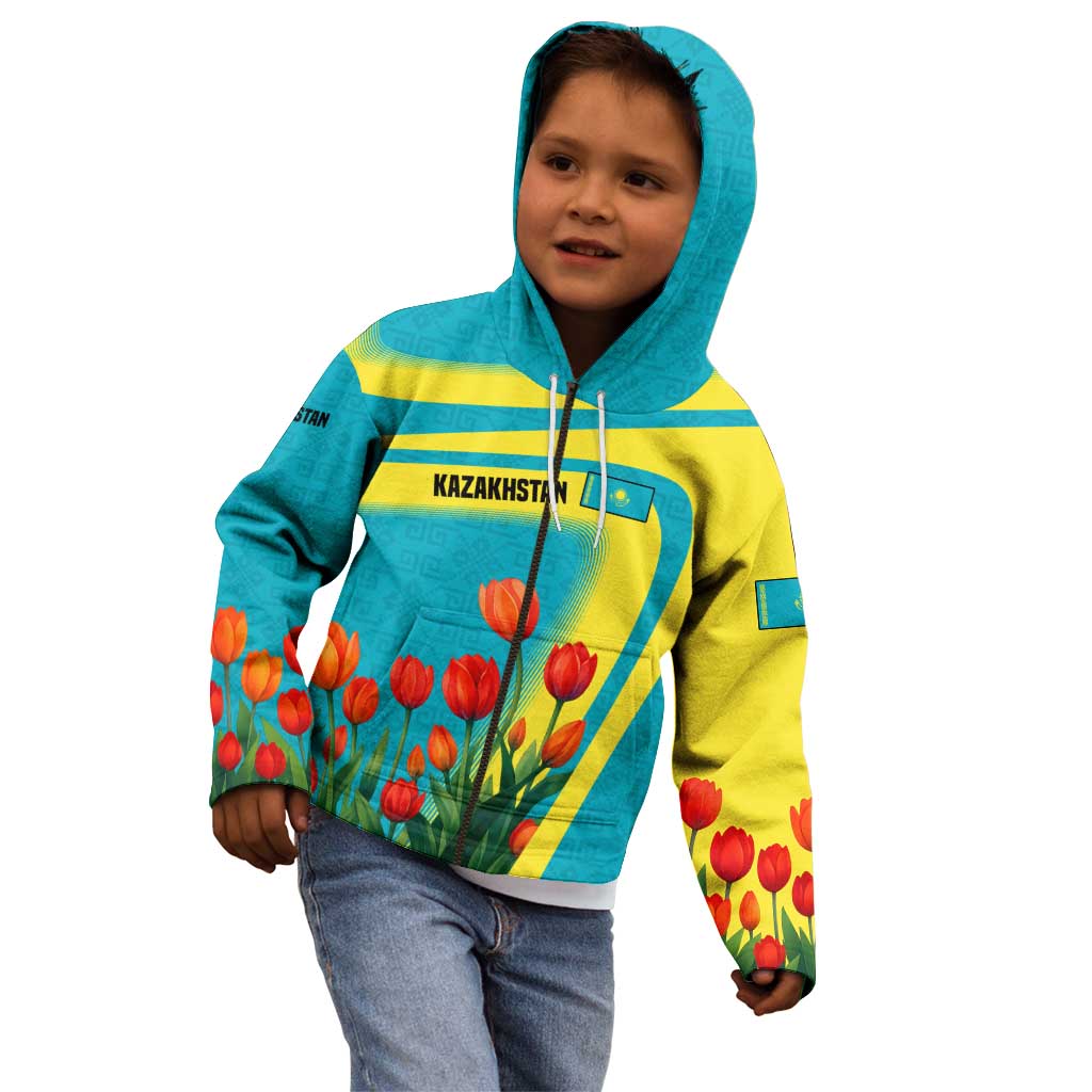 Kazakhstan National Flag Kid Hoodie with Red Tulip Bloom and Blue Yellow Ethnic Motif