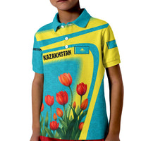 Kazakhstan National Flag Kid Polo Shirt with Red Tulip Bloom and Blue Yellow Ethnic Motif