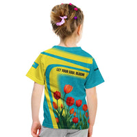 Kazakhstan National Flag Kid T Shirt with Red Tulip Bloom and Blue Yellow Ethnic Motif