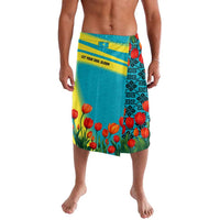 Kazakhstan National Flag Lavalava with Red Tulip Bloom and Blue Yellow Ethnic Motif