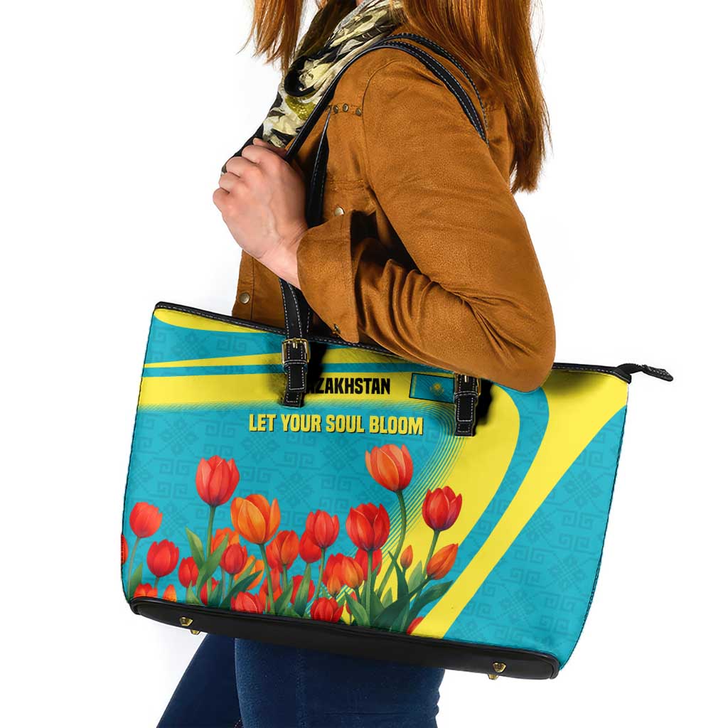 Kazakhstan National Flag Leather Tote Bag with Red Tulip Bloom and Blue Yellow Ethnic Motif